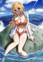 Rule 34 | 1girl, bikini, blonde hair, blush, braid, breasts, charlotte dunois, cleavage, closed mouth, collarbone, day, hair between eyes, hand on own chest, highres, infinite stratos, jacket, jacket over swimsuit, large breasts, legs, looking at viewer, navel, nico-mo, ocean, orange bikini, outdoors, partially submerged, purple eyes, rock, short sleeves, sitting, sky, smile, solo, swimsuit
