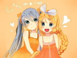 Rule 34 | 2girls, :d, aged down, alternate hairstyle, bad id, bad pixiv id, blonde hair, blue eyes, blue hair, bow, braid, child, dress, friends, hair bow, hair ornament, hair ribbon, hairclip, hatsune miku, heart, itamidome, kagamine rin, long hair, multiple girls, open mouth, ribbon, short dress, simple background, smile, symbol-shaped pupils, twintails, very long hair, vocaloid