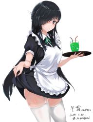 Rule 34 | 1girl, alternate costume, apron, black dress, black eyes, black hair, blunt bangs, character name, clothes lift, commentary request, cowboy shot, dated, dress, dress lift, drink, frilled apron, frills, garter straps, hair over one eye, hayashimo (kancolle), kantai collection, long hair, looking at viewer, one-hour drawing challenge, simple background, solo, thighhighs, tray, twitter username, very long hair, waitress, white apron, white background, white thighhighs, yukiguni yuu