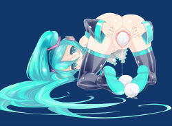 Rule 34 | 1girl, aqua eyes, aqua hair, bad id, bad pixiv id, boots, bottomless, detached sleeves, egg, egg laying, hatsune miku, highres, long hair, looking at viewer, nitorino, pussy, pussy juice, simple background, solo, spread pussy, thigh boots, thighhighs, top-down bottom-up, twintails, very long hair, vocaloid