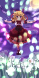 Rule 34 | 1girl, blonde hair, blue eyes, blush, bow, danmaku, female focus, field, flower, flying, hair bow, himeno yuka, lily of the valley, mary janes, medicine melancholy, moon, night, outstretched arms, phantasmagoria of flower view, shoes, short hair, short sleeves, skirt, smile, socks, solo, touhou