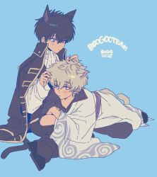 Rule 34 | 2boys, animal ears, ascot, black coat, black hair, black jacket, blue background, brown eyes, cat ears, cat tail, closed mouth, coat, dated, full body, gintama, grey hair, hair between eyes, hand in another&#039;s hair, highres, hijikata toushirou, jacket, long sleeves, lying on another, male focus, multiple boys, red eyes, robe, sakata gintoki, simple background, sitting, tail, white ascot, white robe, xi hsi, yaoi
