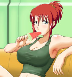Rule 34 | 00s, 1girl, bare shoulders, blue eyes, blush, breasts, cleavage, covered erect nipples, female focus, food, forte stollen, fruit, galaxy angel, large breasts, looking at viewer, red hair, sitting, solo, watermelon
