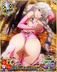 Rule 34 | 1girl, ass, blue bow, bow, braid, breasts, bridal gauntlets, card (medium), chess piece, demon wings, elbow gloves, female focus, finger to mouth, gloves, grayfia lucifuge, grey eyes, grey hair, hair bow, high school dxd, large breasts, long hair, looking at viewer, maid headdress, matching hair/eyes, mature female, official art, pink gloves, pink thighhighs, queen (chess), sideboob, smile, solo, thighhighs, thong, twin braids, wings