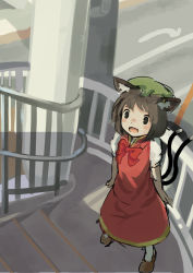 Rule 34 | 1girl, :d, animal ears, brown hair, cat ears, cat tail, chen, earrings, hat, highres, jewelry, multiple tails, nekomata, open mouth, short hair, single earring, smile, solo, stairs, tail, touhou, two tails, yutturi