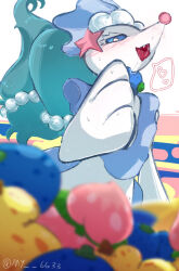 Rule 34 | 1girl, animal focus, animal hands, arm at side, artist name, berry (pokemon), blue eyes, blue hair, blurry, blurry foreground, blush, bright pupils, colored eyelashes, colored skin, creatures (company), eating, fang, female focus, flat chest, food, food bite, fruit, furry, furry female, game freak, gen 7 pokemon, hand up, happy, heart, highres, holding, holding food, holding fruit, long hair, multi-tied hair, my (my 6633), nintendo, nose blush, open mouth, oran berry, pearl hair ornament, pecha berry, pokemon, pokemon (creature), primarina, saliva, saliva trail, signature, sitrus berry, smile, snout, solo, speech bubble, spoken heart, starfish hair ornament, sweat, tongue, tongue out, twitter username, upper body, very long hair, white pupils, white skin