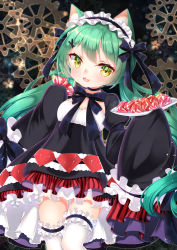 Rule 34 | 1girl, :3, :d, absurdres, akashi (azur lane), akashi (the black cat cometh!) (azur lane), animal ear fluff, animal ears, azur lane, black bow, black dress, black hairband, blurry, blurry background, blush, bow, breasts, brown eyes, cat ears, cleavage, commentary request, depth of field, dress, fang, frilled hairband, frilled thighhighs, frills, gears, gem, green hair, hairband, highres, holding, holding plate, juliet sleeves, long hair, long sleeves, looking at viewer, mirai (happy-floral), open mouth, plate, puffy sleeves, red gemstone, sleeves past fingers, sleeves past wrists, small breasts, smile, solo, striped, thighhighs, vertical stripes, very long hair, white thighhighs