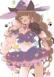 Rule 34 | 1girl, :d, animal ears, bell, black gloves, blush, bow, bracelet, braid, breasts, brown eyes, brown hair, cat ears, cat tail, cleavage, clenched hand, envy (otoca d&#039;or), gloves, hat, jewelry, jingle bell, leoharju, long hair, midriff, open mouth, otoca d&#039;or, paw print, pink bow, purple skirt, single glove, sketch, skirt, smile, solo, standing, star (symbol), star print, striped, striped bow, tail, twin braids, witch hat