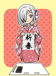 Rule 34 | 10s, 1girl, alternate costume, blue eyes, calligraphy, calligraphy brush, floral print, flower, hair flower, hair ornament, hair over one eye, hairclip, hamakaze (kancolle), highres, ink, japanese clothes, kantai collection, kawabatake, kimono, long sleeves, looking at viewer, obi, paintbrush, sash, scroll, seiza, short hair, silver hair, sitting, smile, solo, translation request, wide sleeves