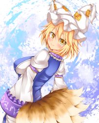 Rule 34 | 1girl, animal hat, blonde hair, breasts, dress, fox tail, hat, hat with ears, highres, kitsune, kuroleo, kyuubi, large breasts, long sleeves, looking at viewer, looking back, mob cap, multiple tails, short hair, smile, solo, tabard, tail, touhou, white dress, wide sleeves, yakumo ran, yellow eyes