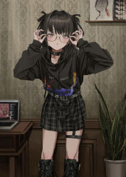 Rule 34 | 1girl, absurdres, adjusting eyewear, belt collar, black footwear, black hair, black ribbon, black sabbath, black skirt, black sweater, boots, collar, computer, cross-laced footwear, desk, earrings, gishiki (gshk), glasses, hair ribbon, hands on eyewear, hands up, highres, jewelry, knee boots, lace-up boots, laptop, leaning forward, long sleeves, looking at viewer, merchandise, miniskirt, original, parted lips, plant, potted plant, ribbon, round eyewear, skirt, solo, spiked collar, spikes, standing, sweater, thigh strap, yellow eyes