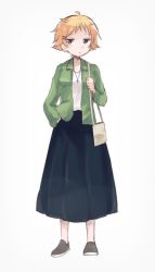 Rule 34 | 1girl, bag, black skirt, blonde hair, blouse, brown eyes, carrying, casual, collared shirt, commentary, cross, cross necklace, erwin (girls und panzer), flats, girls und panzer, green shirt, grey footwear, hair ornament, hairclip, hand in pocket, handbag, highres, jewelry, jimanaka (yukinosingun), long skirt, looking at viewer, necklace, no headwear, no legwear, open shirt, open clothes, pointy hair, shirt, short hair, simple background, skirt, solo, white background, white shirt