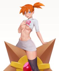 Rule 34 | 1girl, abs, adapted costume, asymmetrical hair, bad id, bad twitter id, blue eyes, blush, breasts, cheshirrr, cosplay, covered collarbone, cowboy shot, creatures (company), game freak, gen 1 pokemon, gloves, gym leader, highres, jessie (pokemon), jessie (pokemon) (cosplay), legs, looking at viewer, medium breasts, miniskirt, misty (pokemon), navel, nintendo, nipples, open mouth, orange hair, pokemon, pokemon (anime), pokemon (classic anime), ponytail, short hair, side ponytail, simple background, skirt, smile, solo, spread legs, staryu, team rocket, team rocket (cosplay), team rocket uniform, thighhighs, thighs, white background, wide hips