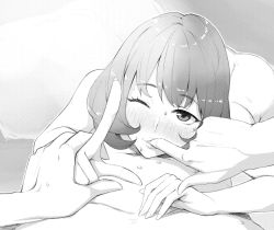 Rule 34 | 10s, 1girl, bad id, bad pixiv id, blush, completely nude, finger in another&#039;s mouth, finger sucking, greyscale, idolmaster, idolmaster cinderella girls, looking at viewer, lying, lying on person, mole, mole under eye, monochrome, nude, on stomach, one eye closed, short hair, smile, solo focus, takagaki kaede, tkhs, wink