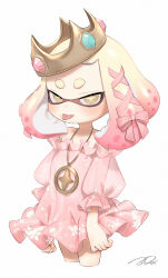 Rule 34 | 1girl, :p, absurdres, bare shoulders, blue gemstone, blush, bow, commentary, cowboy shot, cropped legs, crown, dress, floral print, frilled sleeves, frills, gem, gold necklace, gradient hair, hair bow, hair ribbon, highres, inkling, jewelry, long sleeves, looking at viewer, medium hair, mole, mole under mouth, multicolored hair, necklace, nintendo, pearl (splatoon), pink bow, pink dress, pink gemstone, pink hair, pink ribbon, print dress, puchiman, ribbon, short dress, short eyebrows, signature, simple background, solo, splatoon (series), splatoon 2, star-shaped pupils, star (symbol), suction cups, symbol-shaped pupils, tentacle hair, thick eyebrows, tilted headwear, tongue, tongue out, v-shaped eyebrows, white background, white hair, yellow eyes