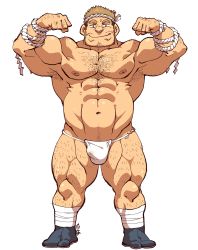 Rule 34 | 1boy, abs, arm hair, armpit hair, bara, beard, biceps, blonde hair, body hair, bulge, character request, chest hair, double biceps pose, facial hair, flexing, full body, fundoshi, hachimaki, hairy, headband, highres, japanese clothes, large pectorals, leg hair, looking at viewer, male focus, male underwear, mature male, muscular, muscular male, navel, navel hair, nipples, pectorals, shirako (kirupi), short hair, smile, solo, standing, stomach, thick thighs, thighs, tokyo houkago summoners, underwear, underwear only, white male underwear