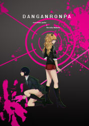 Rule 34 | 2girls, bear hair ornament, black footwear, black hair, black jacket, black shirt, black skirt, blonde hair, blue eyes, boots, bow, calf boots, calf socks, character name, collared jacket, collared shirt, danganronpa: trigger happy havoc, danganronpa (series), english text, enoshima junko, female focus, full body, gradient background, green bow, green ribbon, grey background, hair ornament, high heel boots, high heels, highres, ikusaba mukuro, incest, jacket, kneeling, long hair, medium hair, multicolored background, multiple girls, bowtie, neck ribbon, pink background, pleated skirt, red skirt, ribbon, shirt, short sleeves, siblings, simple background, sisters, skirt, standing, twincest, twins, twintails, white background
