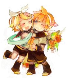 Rule 34 | 1boy, 1girl, 8&#039;108, blonde hair, blue eyes, bouquet, brother and sister, chibi, flower, hair ornament, hair ribbon, hairclip, kagamine len, kagamine rin, ribbon, scarf, short hair, siblings, simple background, smile, twins, vocaloid, wince