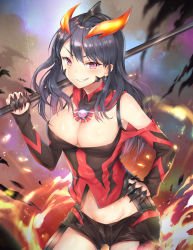 Rule 34 | 1girl, absurdres, bad id, bad pixiv id, bare shoulders, black hair, black shirt, black shorts, blurry, breasts, claw (weapon), cleavage, commentary request, cowboy shot, debris, depth of field, detached collar, dust cloud, earrings, evil grin, evil smile, fang, fire, gem, genderswap, genderswap (mtf), glint, grin, groin, hair between eyes, hand on own hip, headgear, highres, holding, holding staff, holding weapon, jewelry, large breasts, long hair, long sleeves, looking at viewer, motion blur, off-shoulder shirt, off shoulder, over shoulder, personification, pink eyes, red shirt, shiny skin, shirt, short shorts, shorts, slit pupils, smile, smirk, solo, sparks, staff, standing, taro (ultrataro), ultraman belial, ultraman geed (series), v-shaped eyebrows, weapon, weapon over shoulder