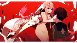 Rule 34 | 10s, 1boy, 1girl, black hair, breasts, clothed male nude female, coat, collarbone, commentary, couple, darling in the franxx, facing another, floating hair, green eyes, hair ornament, hairband, hand on another&#039;s face, hetero, highres, hiro (darling in the franxx), horns, hwansang12, jacket, jacket on shoulders, long coat, long hair, long sleeves, looking at another, medium breasts, military, military uniform, navel, no bra, no panties, no pants, no pussy, no shirt, nude, oni horns, open mouth, pink hair, red horns, short hair, uniform, white hairband, zero two (darling in the franxx)