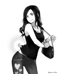 Rule 34 | 1girl, bag, blush, bra strap, bracelet, breasts, collarbone, cross, cross necklace, greyscale, handbag, heart, inside-out, jewelry, lips, long hair, medium breasts, monochrome, necklace, original, parted lips, poaro, ring, simple background, solo, twitter username, wardrobe error, white background