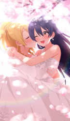 Rule 34 | 2girls, ;d, absurdres, arms around neck, asymmetrical bangs, ayase eli, blonde hair, blue hair, blush, breasts, carrying, closed eyes, dress, earrings, female focus, hair between eyes, hair ornament, highres, hug, jewelry, kiss, kissing cheek, lace, lace-trimmed dress, lace trim, long hair, love live!, love live! school idol project, medium breasts, multiple girls, nanatsu no umi, necklace, one eye closed, open mouth, pearl necklace, ponytail, simple background, smile, sonoda umi, tiara, upper body, wedding, wedding dress, white dress, wife and wife, yellow eyes, yuri