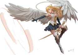 Rule 34 | 1girl, angel, antenna hair, armored boots, bad id, bad pixiv id, bare shoulders, black gloves, black skirt, blonde hair, boots, breasts, cleavage, cleavage cutout, clothing cutout, elbow gloves, full body, gloves, holding, holding sword, holding weapon, knee up, long hair, looking to the side, medium breasts, miniskirt, original, red eyes, shirt, signature, skirt, sleeveless, sleeveless shirt, solo, sword, weapon, white shirt, z.h.y