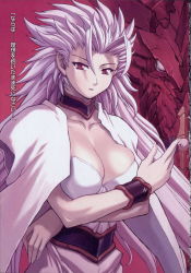Rule 34 | 00s, 1girl, breasts, choker, cleavage, crossed arms, highres, large breasts, mogudan, non-web source, red eyes, scrapped princess, solo, spiked hair, steyr, white hair, wristband