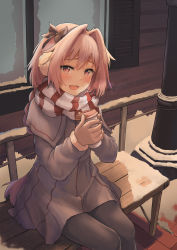 Rule 34 | 1boy, absurdres, astolfo (fate), bench, black pantyhose, black ribbon, braid, brown gloves, commentary request, fang, fate/grand order, fate (series), gloves, hair between eyes, hair ornament, hair ribbon, highres, holding, jacket, jtleeklm, long hair, male focus, pantyhose, pink hair, red scarf, ribbon, scarf, sitting, skin fang, smile, snow, solo, striped clothes, striped scarf, white scarf