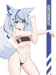 Rule 34 | 1girl, absurdres, animal ears, bare arms, bare legs, blue eyes, blue hair, breasts, commentary, covered navel, cowboy shot, fox ears, fox girl, fox tail, gris swimsuit, hair ornament, highleg, highleg leotard, highres, leotard, long hair, looking at viewer, meme attire, multicolored hair, one-piece swimsuit, original, ryoya, see-through, see-through leotard, small breasts, solo, spade hair ornament, strapless, strapless one-piece swimsuit, streaked hair, stretching, swimsuit, tail, twintails