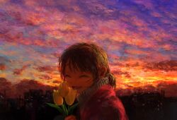 Rule 34 | 1girl, :d, absurdres, black hair, blue sky, blush, city, cityscape, closed eyes, cloud, cloudy sky, commentary, earrings, english commentary, flower, gradient sky, happy, highres, holding, holding flower, jacket, jewelry, omocheese, open mouth, orange sky, original, purple jacket, purple sky, scenery, short ponytail, sky, smile, solo, stud earrings, sunset, tulip, twilight, yellow flower