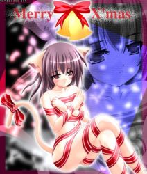 Rule 34 | 1girl, animal ears, blush, brown hair, cat ears, cat tail, christmas, covering privates, covering breasts, long hair, naked ribbon, navel, purple hair, ribbon, tail, tail ornament, tail ribbon