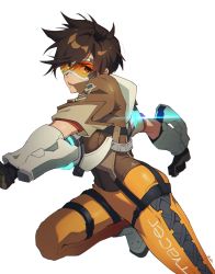 Rule 34 | 1girl, absurdres, brown eyes, brown hair, gloves, goggles, highres, jacket, leggings, maro, open mouth, tracer (overwatch)
