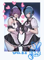 Rule 34 | 2boys, 2n5, androgynous, apron, black dress, black gloves, blue hair, dress, frilled apron, frills, gloves, hair ornament, hairclip, heart, heart hands, heart hands failure, highres, looking at viewer, low ponytail, maid, maid apron, maid headdress, medium hair, multiple boys, open mouth, original, puffy short sleeves, puffy sleeves, purple eyes, purple hair, short sleeves, trap, waist apron, white apron, wrist cuffs, yellow eyes