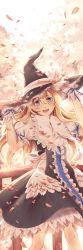 Rule 34 | 1girl, absurdres, alternate eye color, apron, arms up, blonde hair, blue eyes, blush, cleavage cutout, clothing cutout, curiosities of lotus asia, dated, dress, etm (ahong), gloves, hat, hat ribbon, highres, kirisame marisa, long hair, looking at viewer, open mouth, petals, puffy sleeves, ribbon, short sleeves, smile, solo, touhou, waist apron, white gloves, witch hat