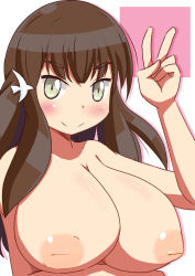 Rule 34 | 10s, 1girl, blush, breasts, brown hair, cleavage, closed mouth, female focus, gatchaman crowds, green eyes, hair ornament, huge breasts, ichinose hajime, inverted nipples, long hair, looking at viewer, naruse mai, nipples, nude, simple background, smile, solo, upper body, v