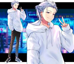 Rule 34 | 1boy, akirannu, black footwear, black pants, blue eyes, closed mouth, drawstring, ear piercing, full body, grey hair, hair ornament, hairclip, hand in pocket, hand up, highres, hood, hood down, hoodie, letterboxed, looking afar, male focus, mole, mole on neck, mole under eye, original, outside border, pants, piercing, shoes, short hair, smile, solo, standing, v, white hoodie, x hair ornament, zoom layer