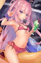 Rule 34 | 1girl, ahoge, arm up, armpits, bare shoulders, bikini, bikini skirt, breasts, cameltoe, cleft of venus, covered erect nipples, cup, demon girl, demon tail, drinking glass, drinking straw, food, front-tie bikini top, front-tie top, halterneck, holding, holding cup, ice cream, kedama milk, long hair, looking at viewer, mouth hold, navel, original, pink hair, pointy ears, purple eyes, red bikini, riding, sakyumama (kedama milk), scrunchie, sidelocks, small breasts, solo, stomach, striped bikini, striped clothes, swimsuit, tail, thighs, tropical drink, two side up, very long hair, wrist scrunchie