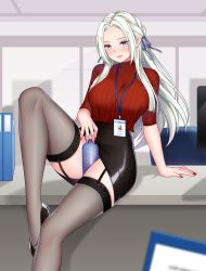 Rule 34 | 1girl, alternate breast size, banglinh1997, between legs, black thighhighs, bottle, contemporary, edelgard von hresvelg, fire emblem, fire emblem: three houses, garter straps, hair ribbon, highres, leg up, lingerie, long hair, looking at viewer, nail polish, name tag, nintendo, office lady, parted bangs, pencil skirt, purple eyes, red lips, red sweater, ribbon, seductive smile, sitting, skirt, smile, solo, sweater, thighhighs, underwear, water bottle, white hair