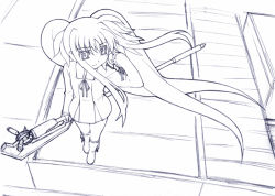 Rule 34 | 00s, 1girl, adjusting hair, bardiche (assault form) (nanoha), bardiche (nanoha), boots, expressionless, fate testarossa, floating hair, floor, from above, full body, greyscale, holding, holding weapon, long hair, lyrical nanoha, mahou shoujo lyrical nanoha, monochrome, polearm, ribbon, selece, solo, standing, twintails, very long hair, weapon