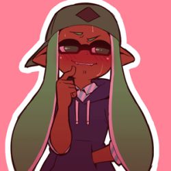 Rule 34 | 1girl, animated, animated gif, backwards hat, bad id, bad tumblr id, baseball cap, blush, collared shirt, dark-skinned female, dark skin, embarrassed, eye twitch, finger to own chin, green hair, half-closed eyes, hand in pocket, hand up, hat, hood, hood down, hoodie, inkling, inkling girl, inkling player character, long hair, looking to the side, lowres, mask, mike inel, nervous sweating, nintendo, nose blush, pink background, pointy ears, scratching chin, shirt, simple background, solo, striped clothes, striped shirt, sweat, tentacle hair, undershirt, upper body, wing collar