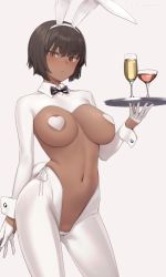 Rule 34 | 1girl, animal ears, areola slip, black bow, black bowtie, bow, bowtie, breasts, brown eyes, brown hair, closed mouth, collar, contrapposto, covered erect nipples, cowboy shot, cross-laced clothes, dark-skinned female, dark skin, drink, fake animal ears, fake tail, glass, gloves, half gloves, hand up, heart pasties, highres, holding, holding tray, large breasts, looking at viewer, meme attire, mochi (mochi444420), mole, mole on breast, original, pantyhose, pasties, pussy, pussy peek, rabbit ears, rabbit tail, revealing clothes, reverse bunnysuit, reverse outfit, see-through, short hair, simple background, solo, tail, tray, twitter username, white background, white collar, white gloves, white pantyhose