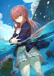 Rule 34 | 10s, absurdres, brown eyes, caustics, cherry blossoms, fish, from below, highres, jojaow, koe no katachi, koi, looking back, nishimiya shouko, partially submerged, partially underwater shot, petals, pink hair, pleated skirt, skirt, smile, solo, tree, underwater, v