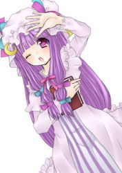 Rule 34 | 1girl, ;d, arm up, blush, book, bow, crescent, dress, dutch angle, female focus, frills, hat, holding, holding book, jyako, long hair, long sleeves, looking at viewer, mob cap, one eye closed, open mouth, patchouli knowledge, pink bow, pink dress, pink eyes, purple hair, smile, solo, touhou, upper body, very long hair
