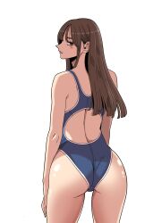 Rule 34 | 1girl, ass, beautiful gunbari, blue one-piece swimsuit, blush, brown hair, competition swimsuit, highres, long hair, looking back, one-piece swimsuit, parted lips, ryu da-hee, ryudahee (ypjf4427), solo, standing, swimsuit, thick eyebrows, white background