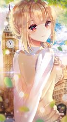 Rule 34 | 1girl, absurdres, arms behind back, bad id, bad pixiv id, blonde hair, braid, clock, clock tower, ecu8080, from behind, hair over shoulder, has bad revision, has cropped revision, highres, long hair, looking at viewer, original, ponytail, red eyes, school uniform, shirt, sidelocks, single braid, smile, solo, tower, upper body, vest, white shirt, yellow vest