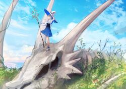 Rule 34 | 1girl, blue skirt, blue sky, cloud, cloudy sky, commentary request, day, full body, grey hair, hat, holding, holding staff, long hair, mage staff, orange eyes, original, outdoors, pleated skirt, shirt, skeleton, skirt, sky, solo, staff, standing, white footwear, white hat, white shirt, wide shot, witch, witch hat, xyunx