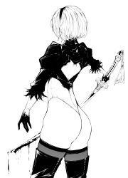 Rule 34 | 1girl, absurdres, ass, back, bad id, bad pixiv id, blood, bloody weapon, flat (joppin karu!), gloves, greyscale, hairband, highres, holding, holding sword, holding weapon, katana, long hair, monochrome, nier (series), nier:automata, puffy sleeves, short hair, simple background, solo, sword, thighhighs, weapon, white background, 2b (nier:automata)