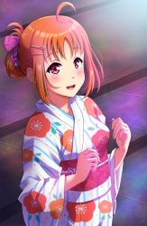 Rule 34 | 1girl, ahoge, arms up, bow, commentary request, cowboy shot, floral print, hair bow, hair ornament, highres, japanese clothes, kimono, looking at viewer, love live!, love live! sunshine!!, obi, open mouth, orange hair, qy73, red eyes, sash, short hair, sidelocks, smile, solo, stairs, takami chika, teeth, tongue, upper teeth only, yukata