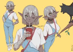 Rule 34 | 1girl, absurdres, animal, arm tattoo, bag, black cat, black choker, blue overalls, blue pants, branch, breasts, casual, cat, choker, dark-skinned female, dark elf, dark skin, denim, drinking, drinking straw, drinking straw in mouth, elf, english text, fangs, gauntlets, green eyes, grey hair, hair between eyes, handbag, hands in pockets, highres, indirect kiss, jeans, jewelry, leaf, looking at viewer, mawaridi, medium breasts, necklace, one eye closed, open clothes, original, overalls, pants, pointy ears, pov dating, red bag, shirt, shoes, short hair, short sleeves, simple background, single gauntlet, smile, sneakers, tattoo, teeth, twitter username, white footwear, white shirt, yellow background, yvonne (mawaridi)